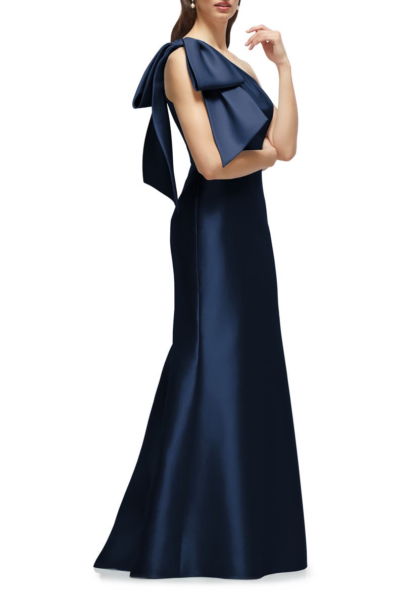 Bow One-Shoulder Satin Twill Mermaid Gown, Alternate, color, MIDNIGHT