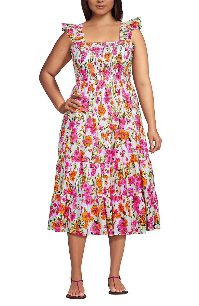 Lands' End Plus Size Cotton Dobby Smocked Dress with Ruffle Straps, Main, color, 