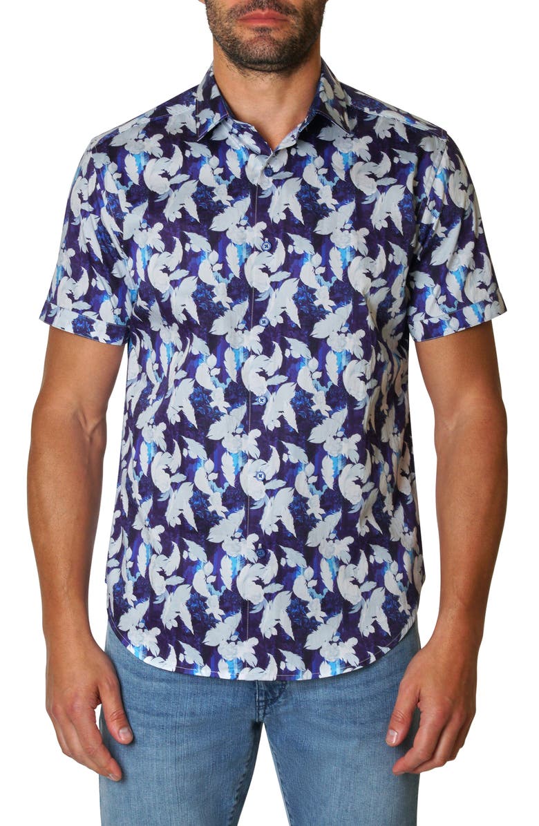 Robert Graham Alfaro Feather Short Sleeve Woven Button-Up Shirt, Main, color,