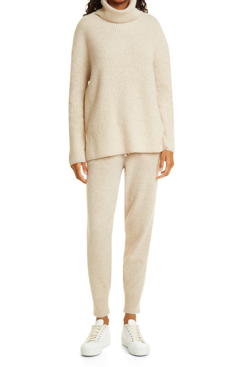 Funnel Neck Cashmere Tunic Sweater, Alternate, color, BEIGE MARL
