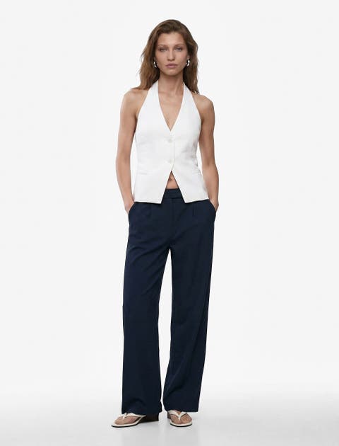 Linen Blend Wide Leg Trousers with Pocket Detail