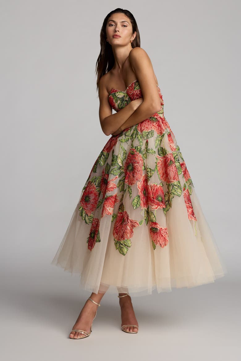 Embroidered Mesh Strapless A Line Midi Dress, Alternate, color, Nude Multi