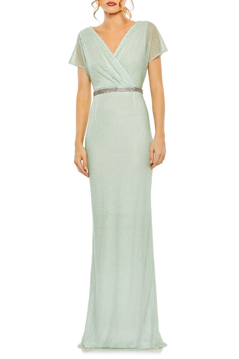 Short Sleeve Beaded V-Neck Gown, Main, color, SAGE