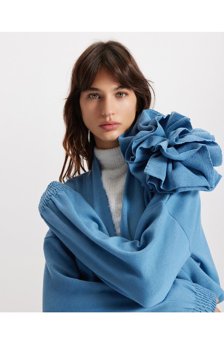 THEO The Label Nomia Ribbed Waist Rosette Cardigan, Alternate, color, Retro Blue