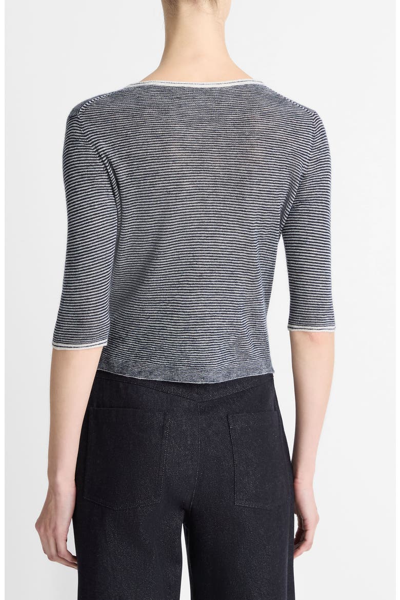 Microstripe V-Neck Cashmere & Silk Cardigan, Alternate, color, OFF WHITE/ COASTAL