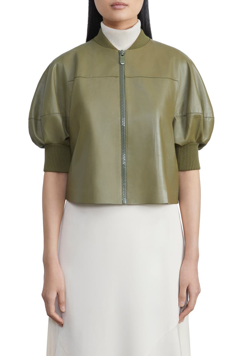 Lantern Sleeve Leather Crop Jacket, Main, color, TARRAGON