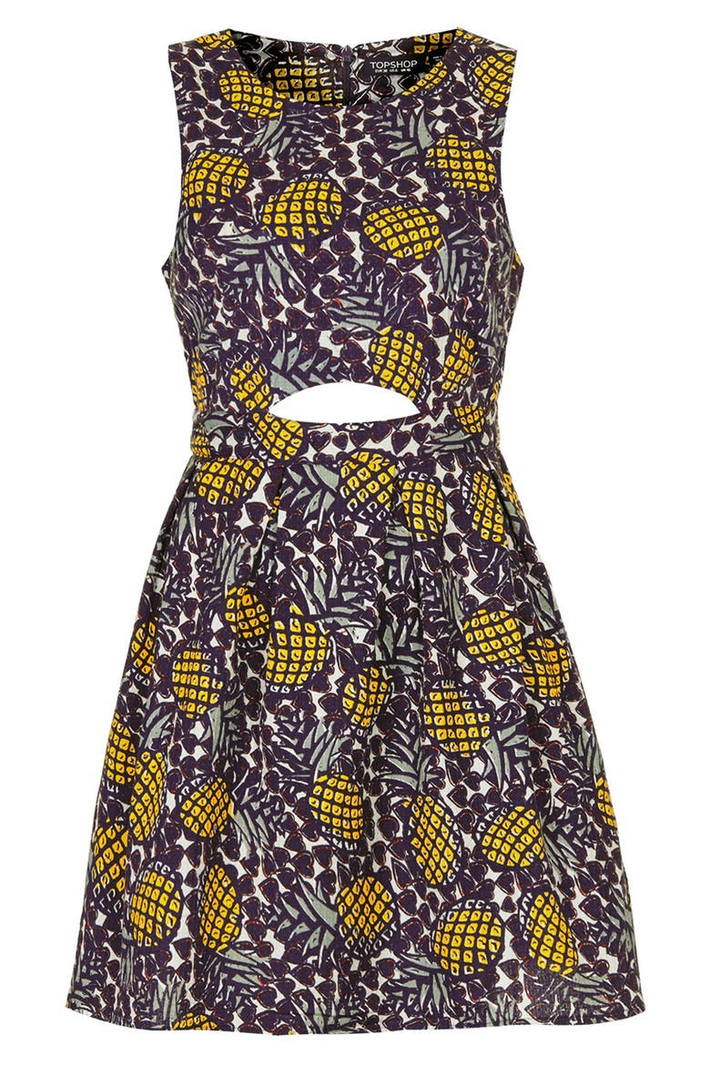 Pineapple Print Cutout Fit & Flare Dress, Alternate, color, YELLOW MULTI