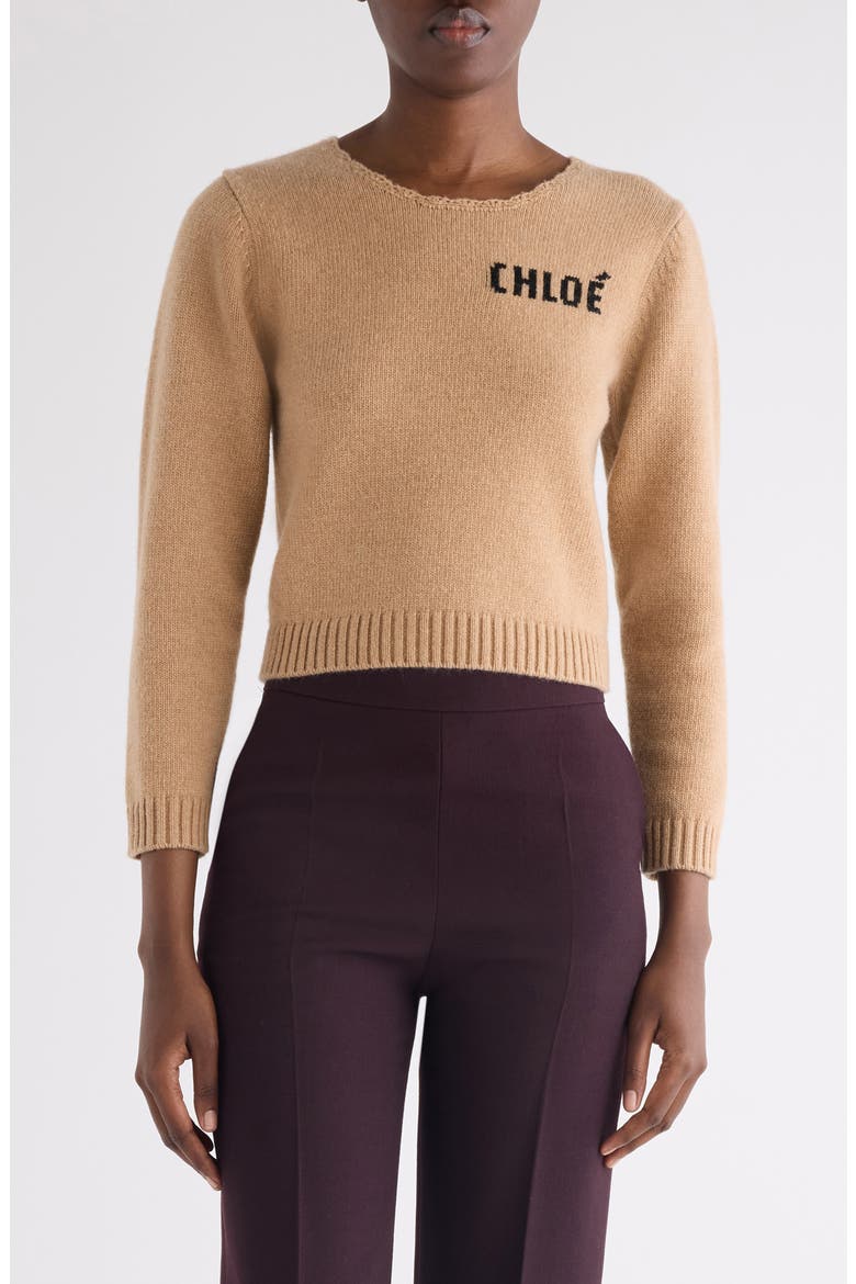 Scalloped Logo Crop Wool & Cashmere Sweater, Main, color, BLEACHED BROWN