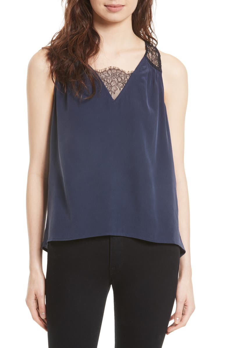 Joie Alvery Lace Trim Silk Shell, Main, color,