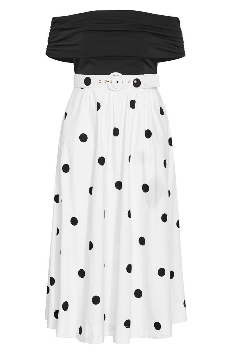City Chic Anita Mixed Media Off the Shoulder Maxi Dress, Alternate, color, Blk Polka