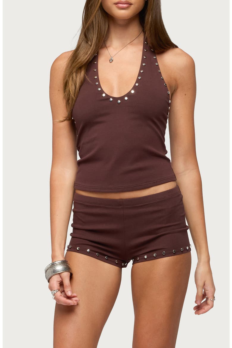 Ariadna Studded Stretch Cotton Halter Top, Main, color, DARK-BROWN