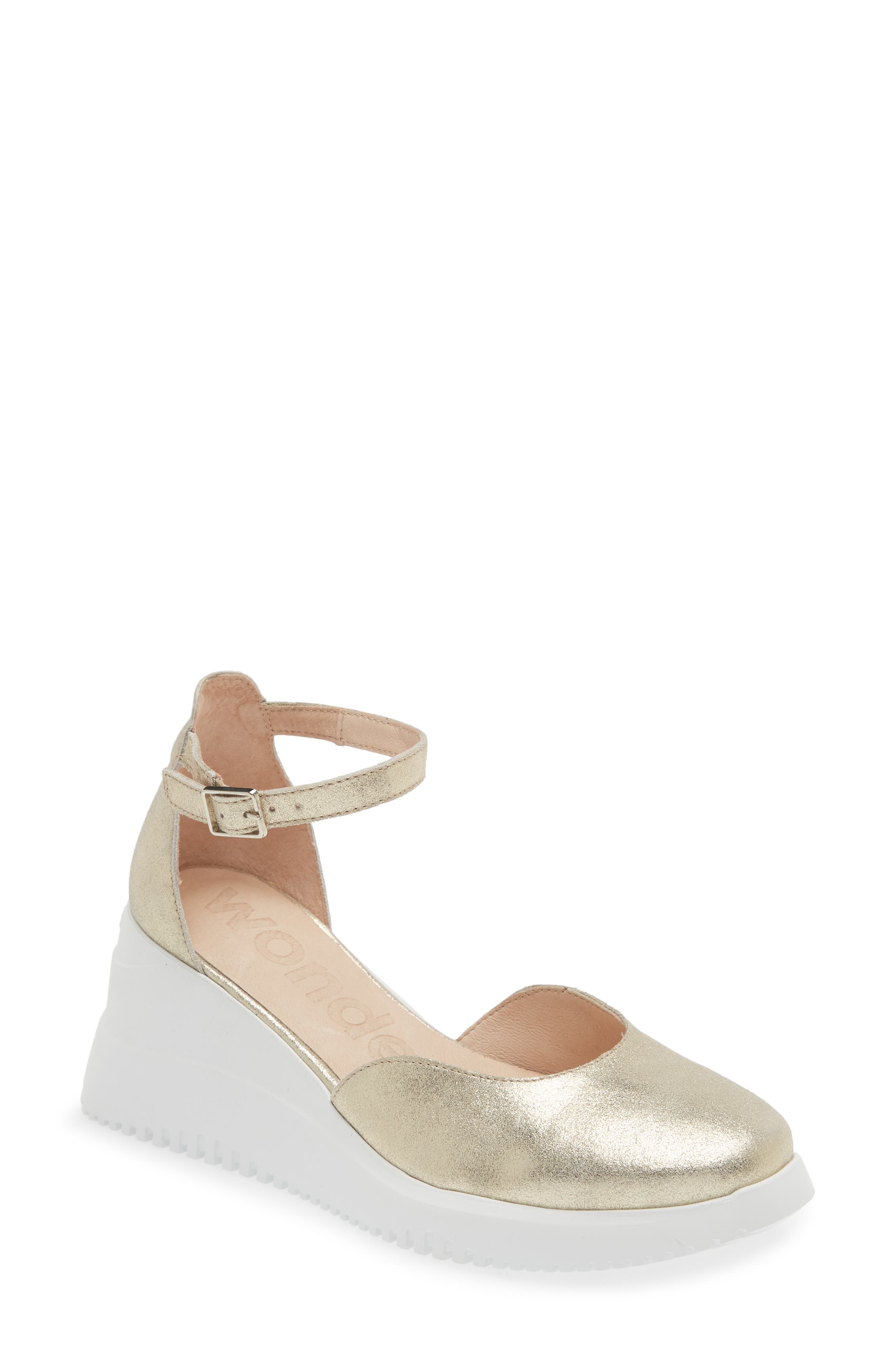 Wonders Metallic Wedge Sandal, Main, color, Platino