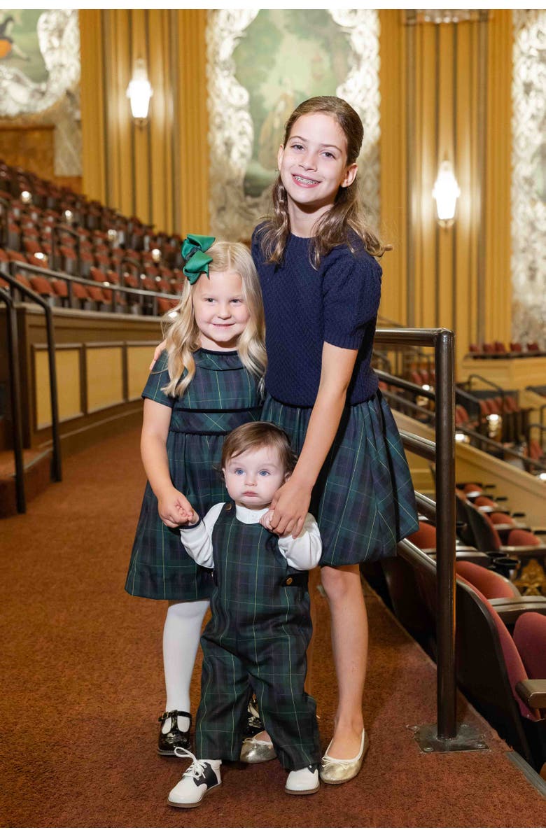 Florence Eiseman Plaid Dress With Neck Ruffle, Alternate, color, Navy, Green