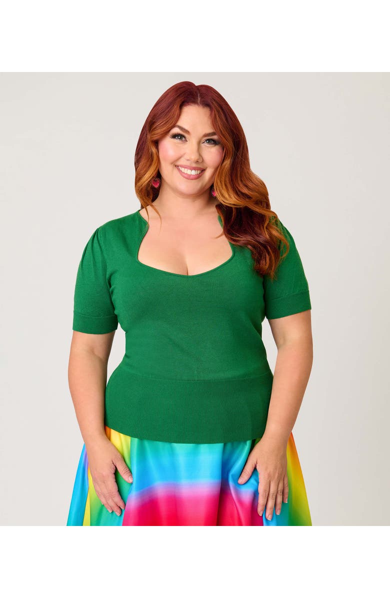 Unique Vintage Plus Size 1950s Short Sleeve Sweater, Main, color, Green Solid