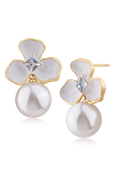 Enamel Flower Faux Pearl Drop Earrings