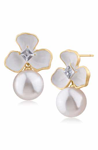 JARDIN Enamel Flower Faux Pearl Drop Earrings