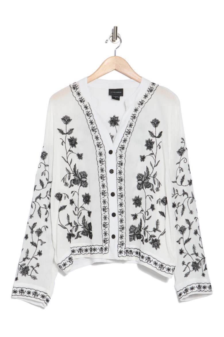 Floral Embroidered Long Sleeve Button-Up Top, Alternate, color, WHITE/ BLACK