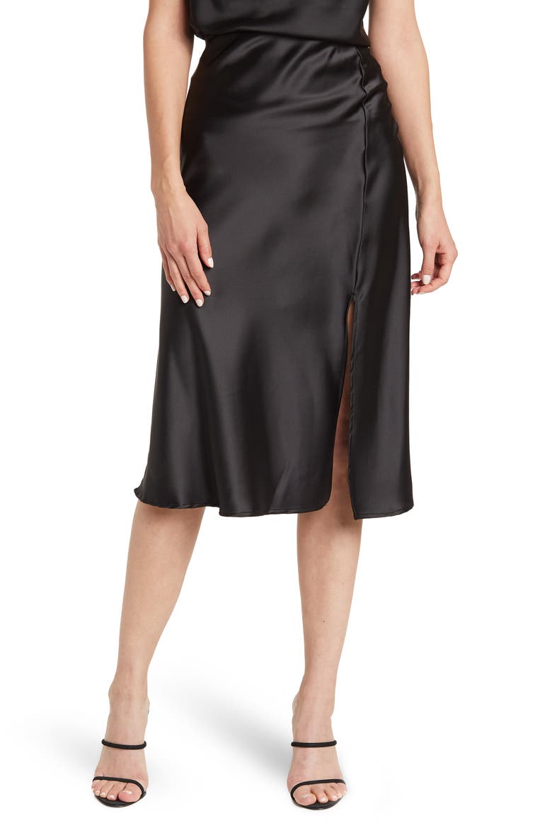 Satin Slit Midi Skirt, Main, color, BLACK