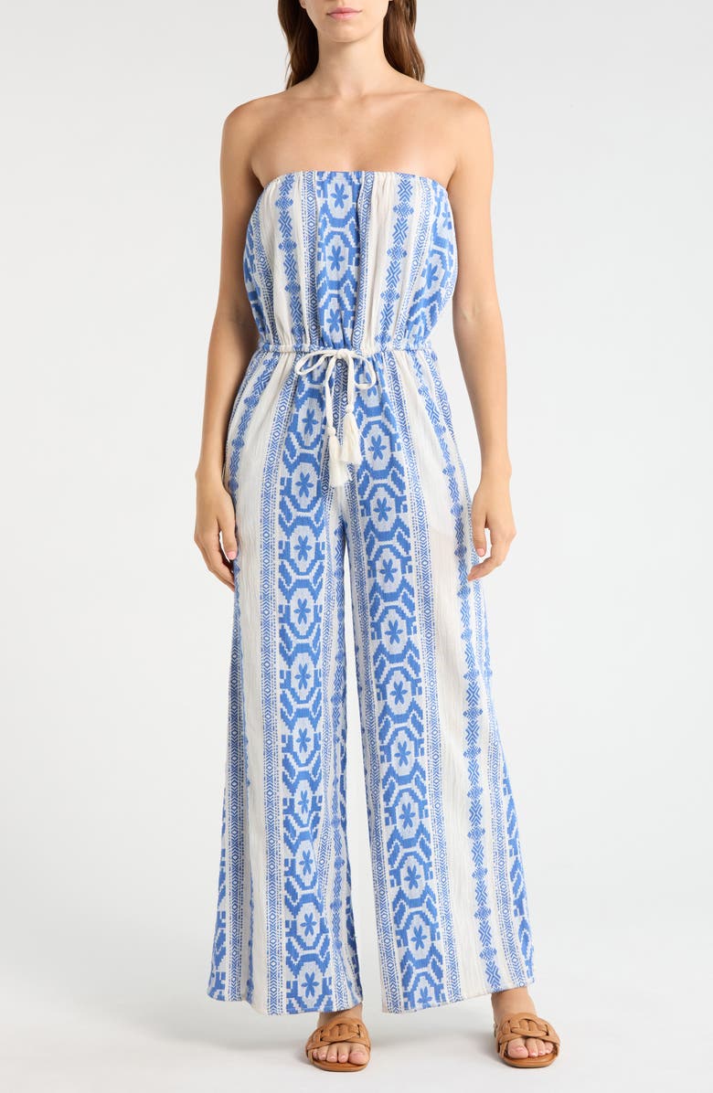 Elan Embroidered Strapless Cover-Up Jumpsuit, Main, color, Natural Blue