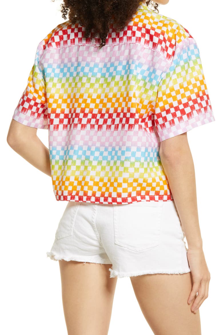 by BP Gender Inclusive Crop Camp Shirt, Alternate, color, WHITE RAINBOW ARCADE CHECK