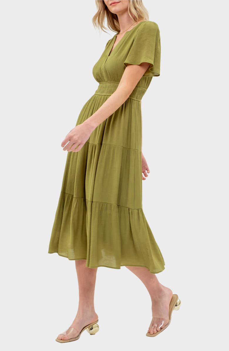 AUGUST SKY Split Neck Tiered Midi Dress, Alternate, color, Kiwi