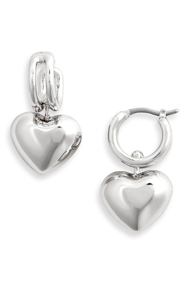 Puffy Heart Drop Earrings, Main, color, HIGH POLISH SILVER