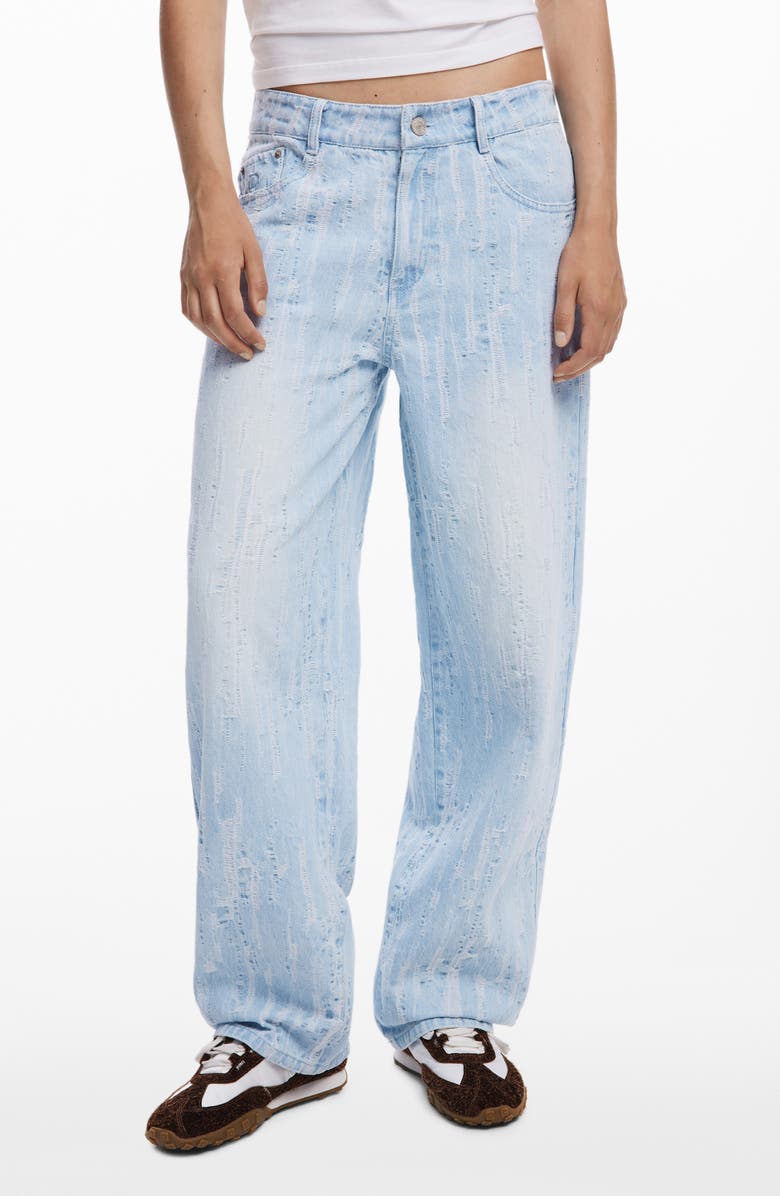 Desigual Distressed Stripe Wide Leg Jeans, Main, color, Light Blue