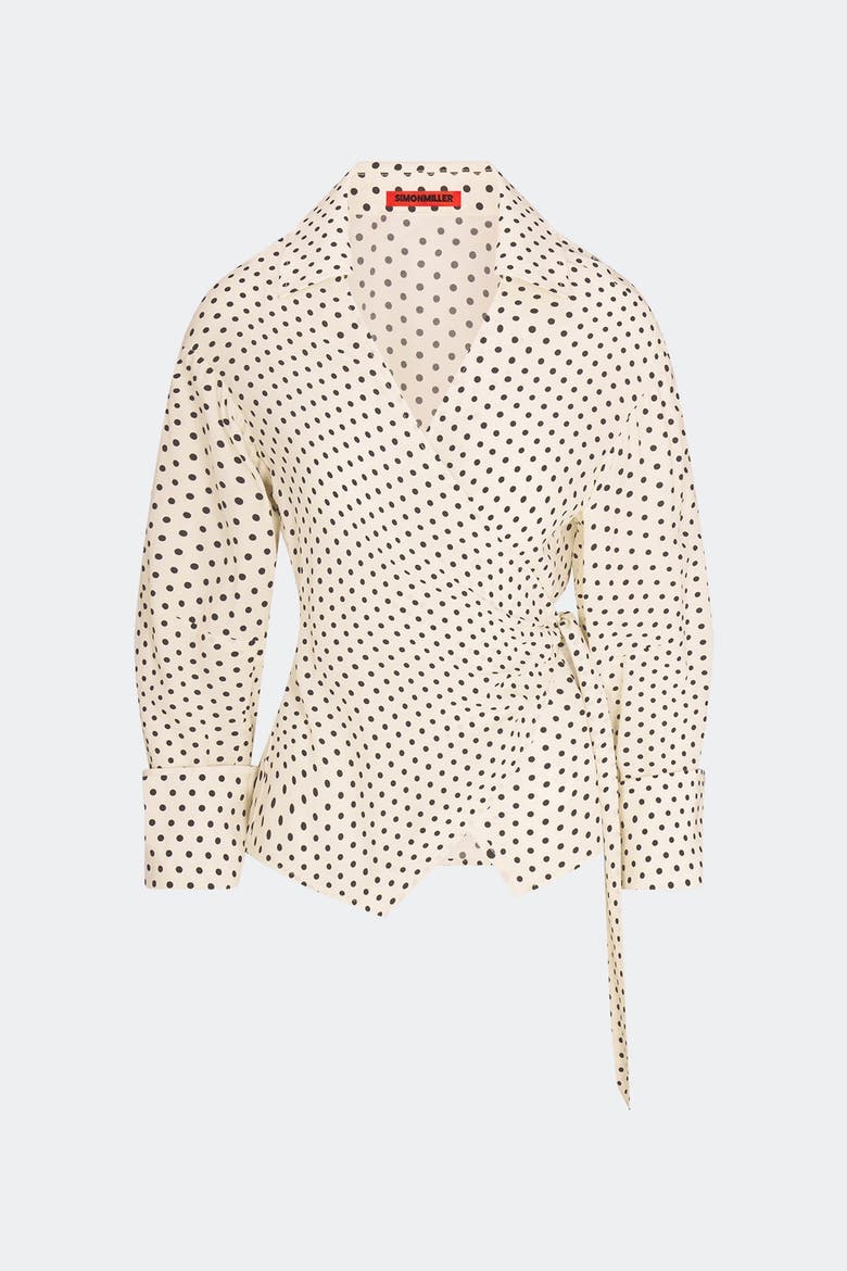 Anya Crepe Wrap Top, Main, color, Macadamia/Black Polka Dot