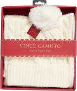 Vince Camuto Cable Stitch Scarf & Faux Fur Pompom Beanie Set