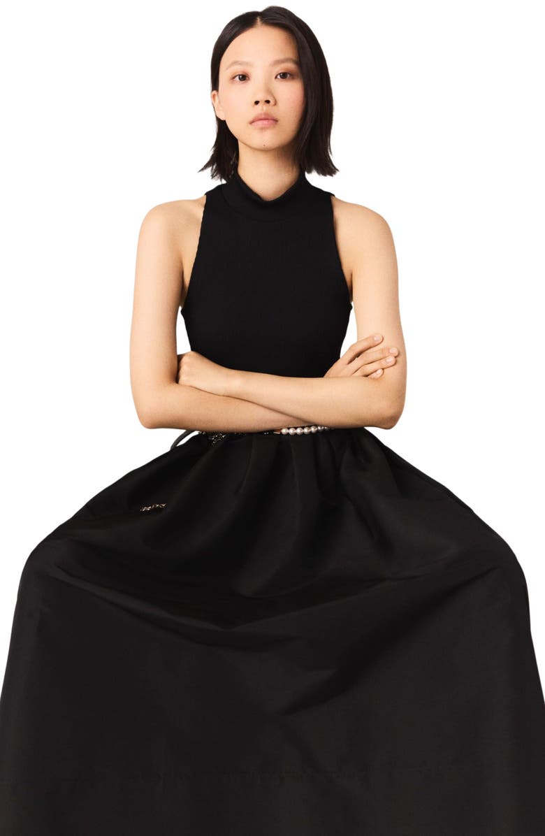 maje Mixed-material taffeta dress, Alternate, color, Black