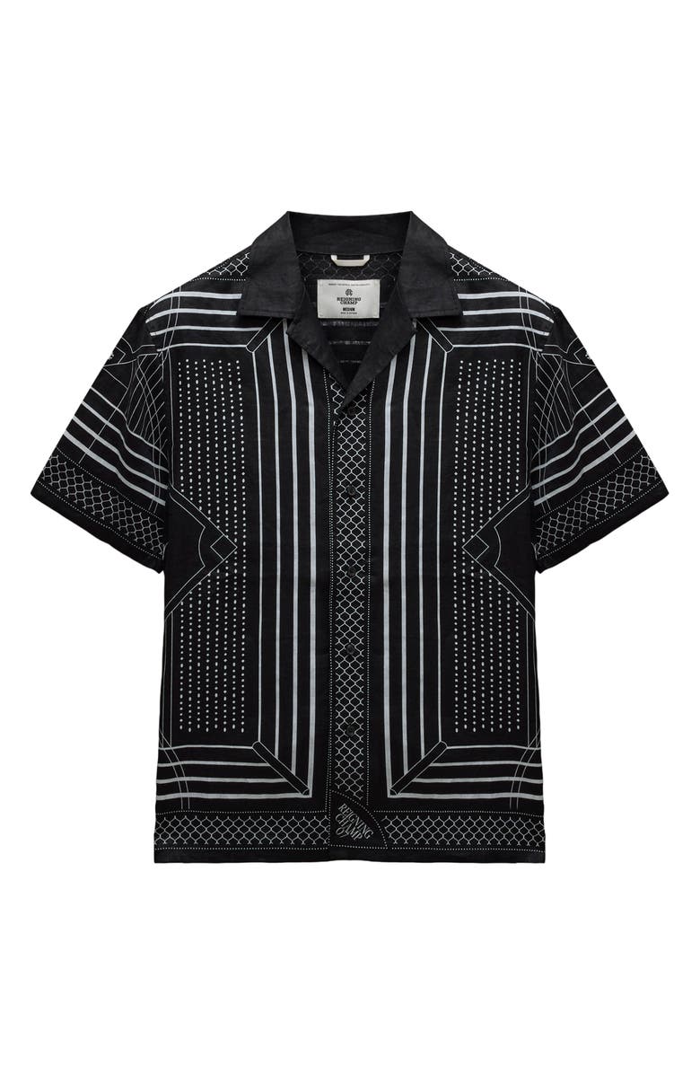 Reigning Champ Arena Relaxed Fit Geo Print Linen Camp Shirt, Alternate, color, Black-White