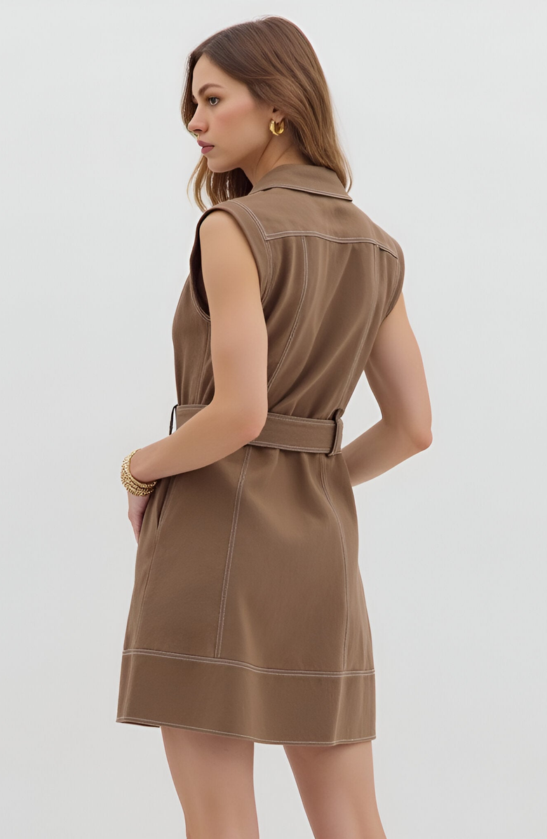Modenaire Sleeveless Button Front Mini Dress with Notched Collar and Belted Waist, Alternate, color,