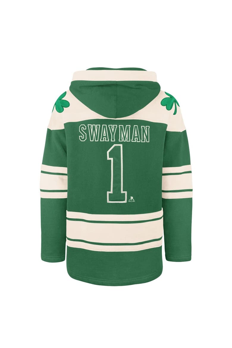 Men's '47 Jeremy Swayman Kelly Green Boston Bruins St. Patrick's Day Player Name & Number Lacer Pullover Hoodie, Alternate, color, Kelly Green