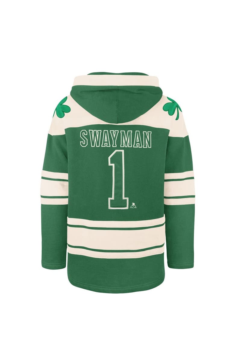 '47 Men's '47 Jeremy Swayman Kelly Green Boston Bruins St. Patrick's Day Player Name & Number Lacer Pullover Hoodie, Alternate, color, Kelly Green