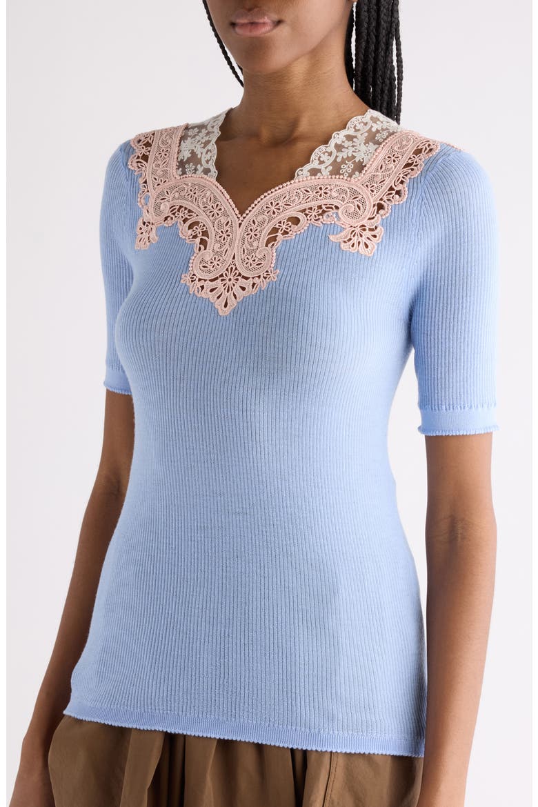 Colorblock Lace Trim Rib Wool Sweater, Alternate, color, BALTIC SEA