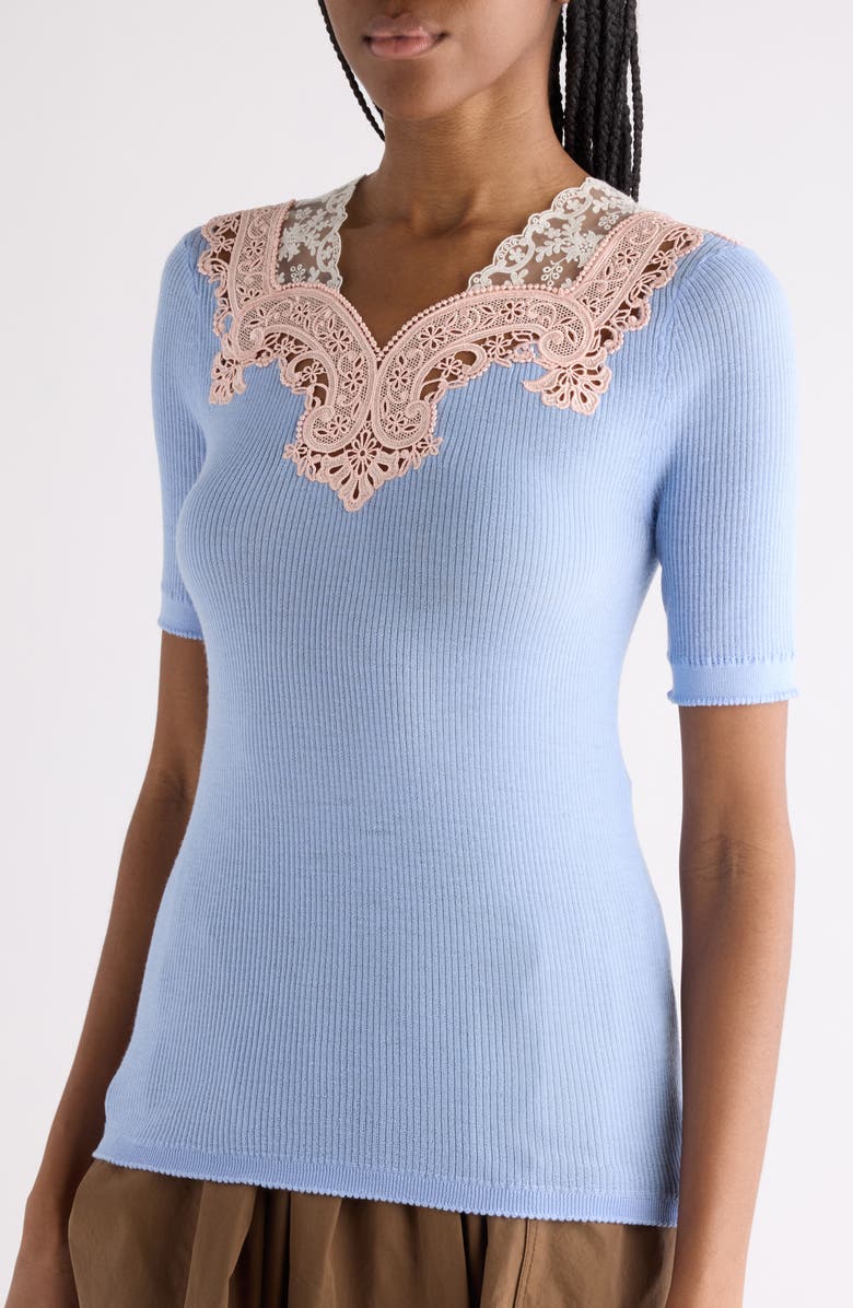 Chloé Colorblock Lace Trim Rib Wool Sweater, Alternate, color, Baltic Sea