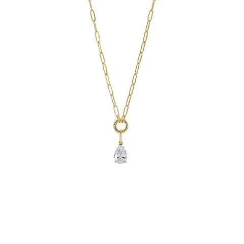 Colored CZ Pear Charm & Paperclip Clicker Toggle Link Necklace