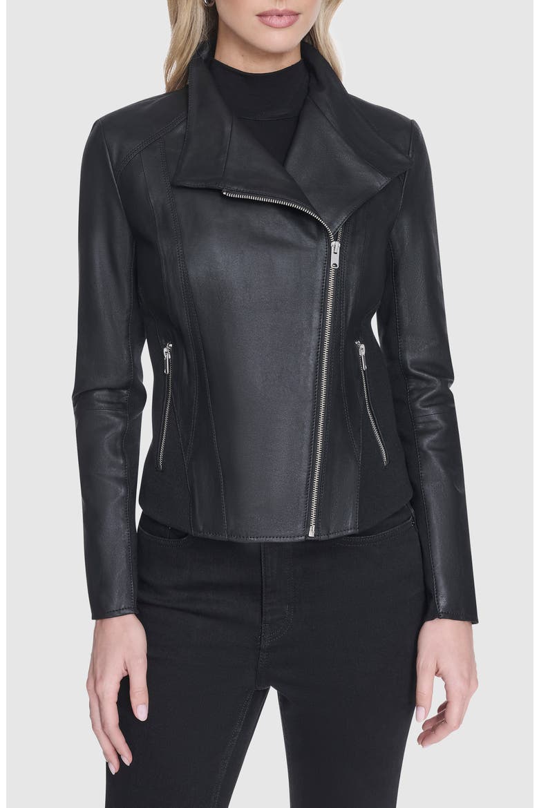 Felix Leather Moto Jacket with Knit Panels, Main, color, BLACK