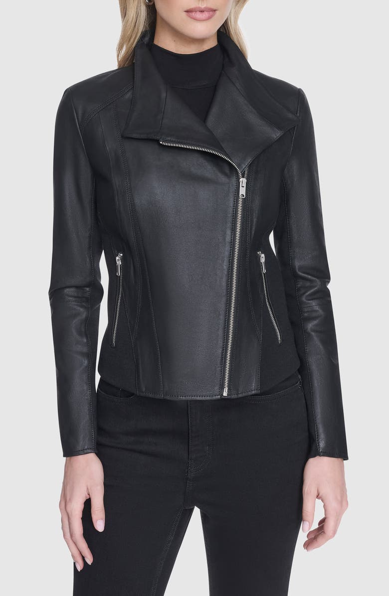 Andrew Marc Felix Leather Moto Jacket with Knit Panels, Main, color, Black