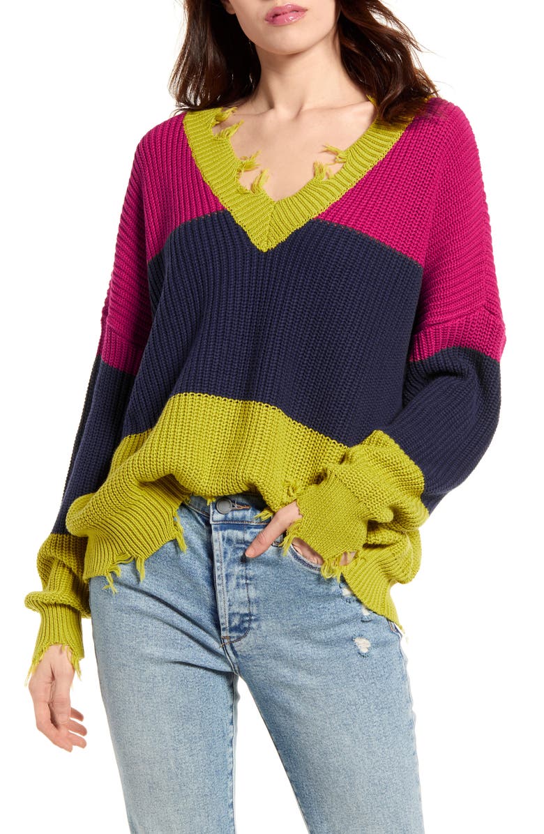 Band of Gypsies Colorblock Distressed Sweater, Main, color, 