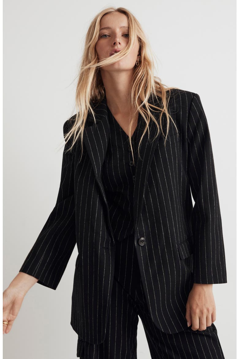 Metallic Pinstripe Wool Blend Blazer, Alternate, color, ALMOST BLACK