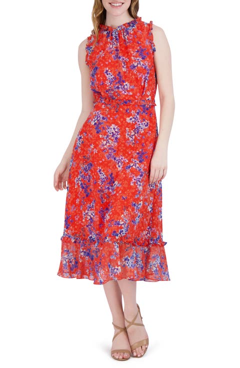 Floral Swiss Dot Sleeveless Midi Dress