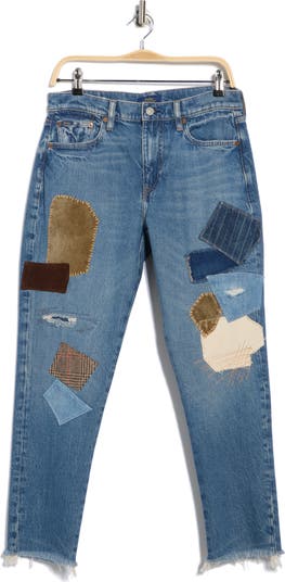 Patched Fray Hem Ankle Straight Jeans