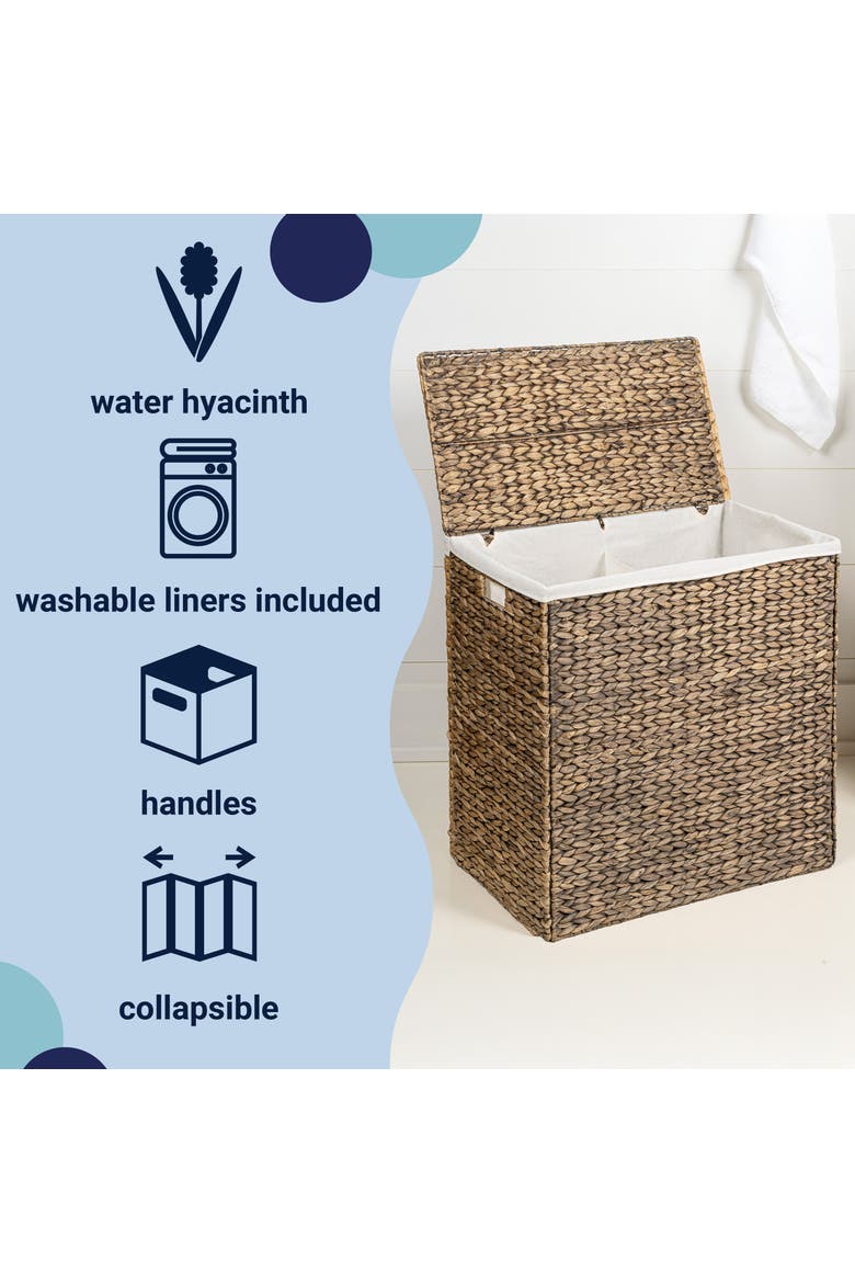 Sawyer Classic Farmhouse Hand-Woven Hyacinth 2-Section Collapsible Laundry Hamper with Washable Liner, Handles, and Lid, Alternate, color, Brown