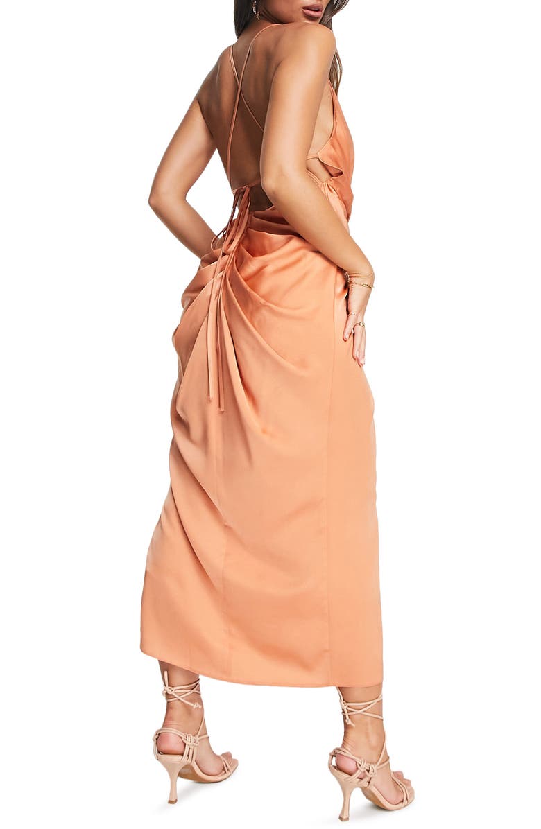 ASOS DESIGN Knot Front Ruched Satin Maxi Dress, Alternate, color, 