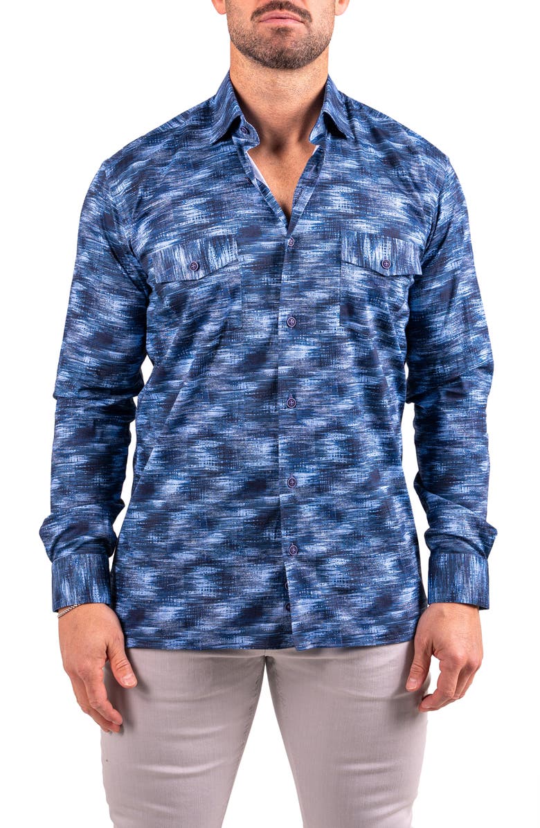 Maceoo Denim Print Resistance Contemporary Button-Up Shirt, Main, color, Blue