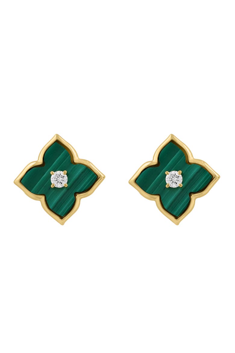 14K Yellow Gold Diamond & Malachite Motif Stud Earrings, Main, color, 14K Gold