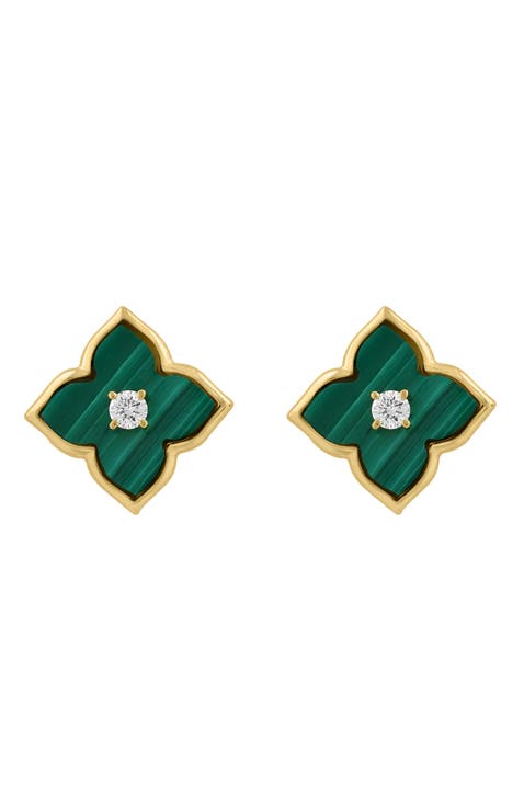 14K Yellow Gold Diamond & Malachite Motif Stud Earrings