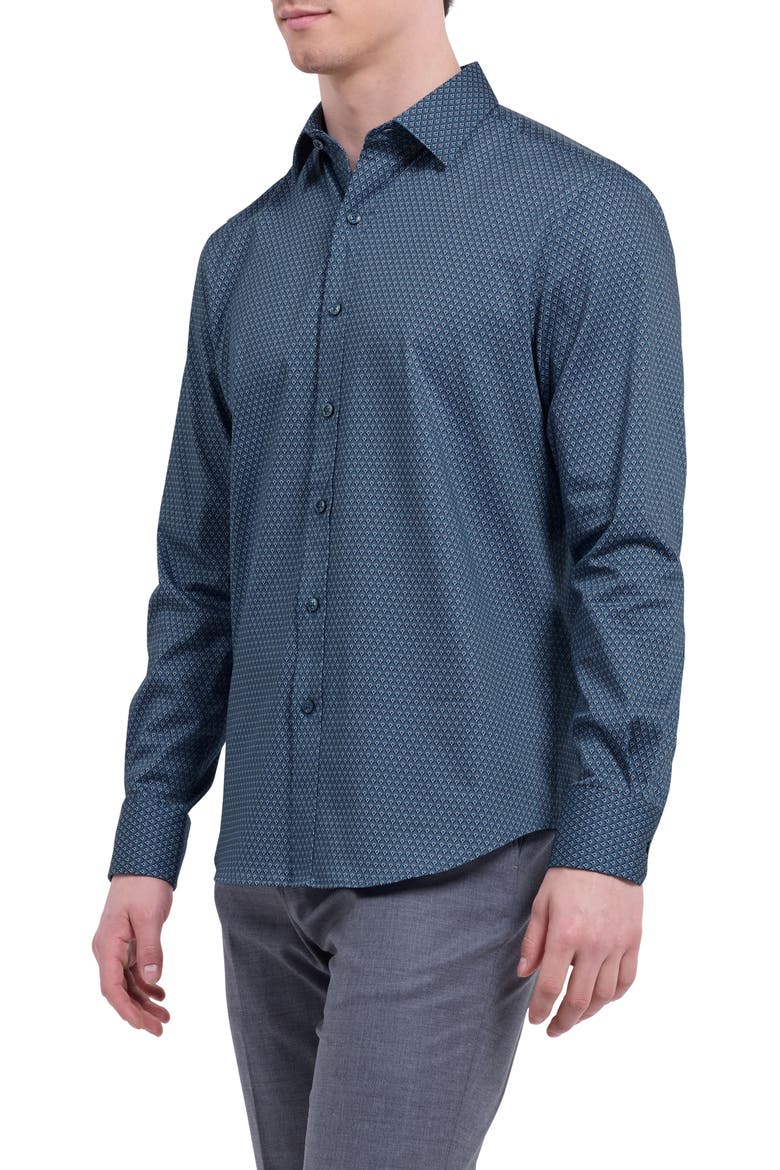 Julian Shaped Fit Shell Print Stretch Cotton Button-Up Shirt, Alternate, color, TEAL