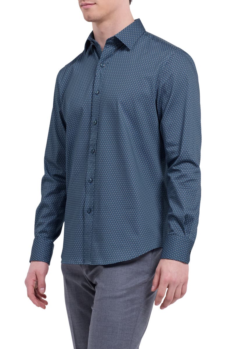Bugatchi Julian Shaped Fit Shell Print Stretch Cotton Button-Up Shirt, Alternate, color, Teal